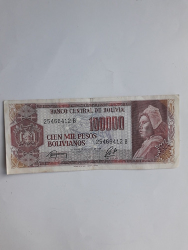 Billete Bolivia 100.000 Pesos Bolivianos 1984