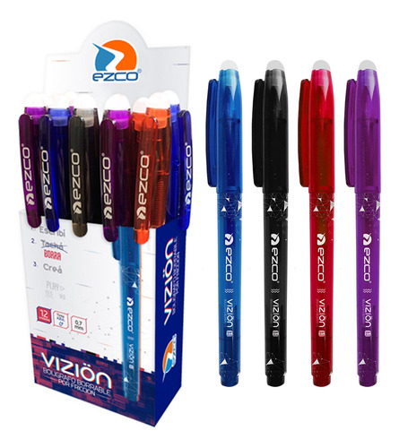 Boligrafo Borrable Ezco X12 Colores Surtidos Tinta Azul