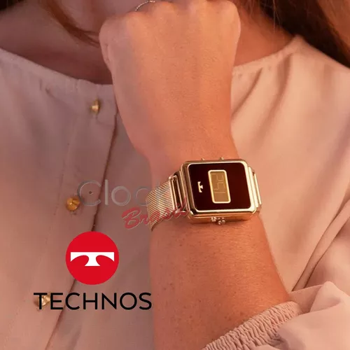 Relógio Digital Feminino Technos Curvas Quadrado Dourado Cor do fundo Preto