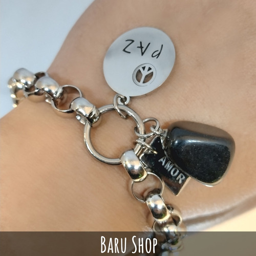 Imagen 5 de 8 de Pulsera Acero Con Piedra Color Negro Y Dijes Paz Y Amor