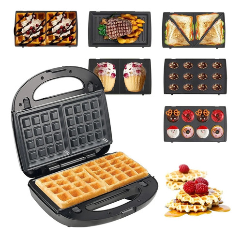 Maquina Sandwichera Waflera Donera Premium 6 En 1 Negro Y Plateado