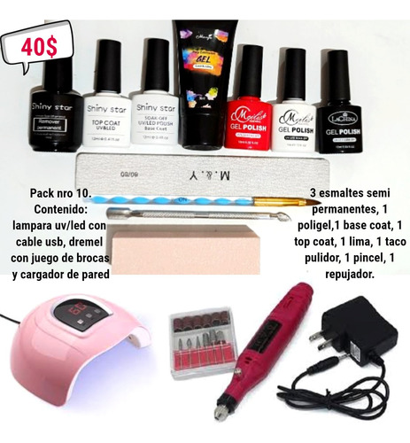 Pack Nro.10 Para Uñas Con Lampara Uv/led  Y Dremel De Puño