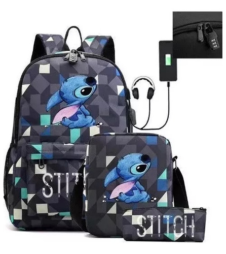 Mochila Escolar Stitch Primaria +usb Casual Conjunto 3 Pcs