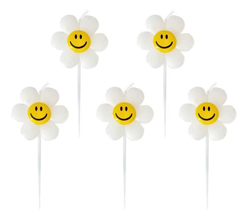 5 Pcs Flor Blanca Con Velas De Cumpleaños Sonrientes, Velas