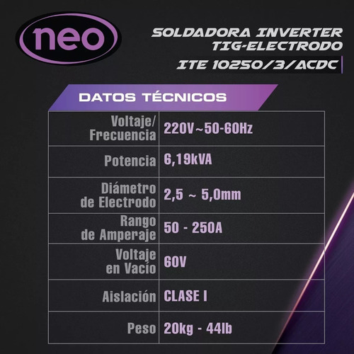 Imagen 6 de 6 de Soldadora Inverter Tig Aluminio Acdc Mma 250amp 220v Neo