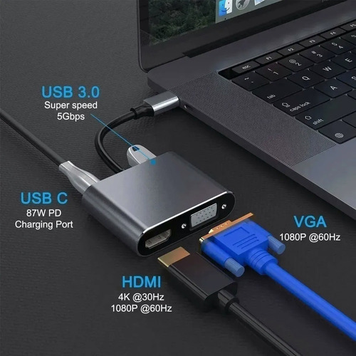 Hub Adaptador Usb-c 4 En 1 Vga+hdmi+usb 3.0+usb-c Pd 4k Hd