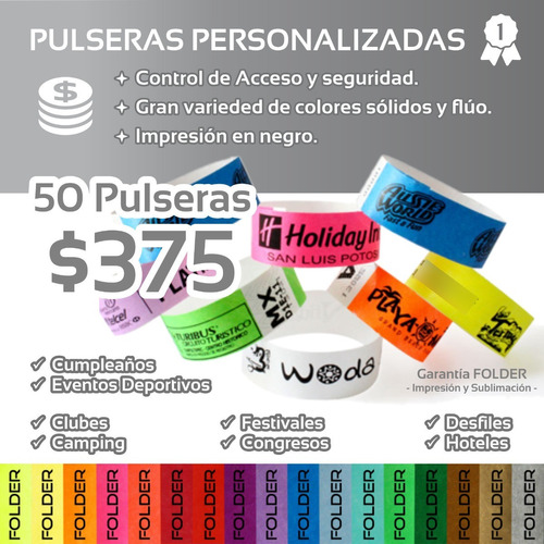 **50 Pulseras Tyvek Personalizadas - Eventos - Cumpleaños**