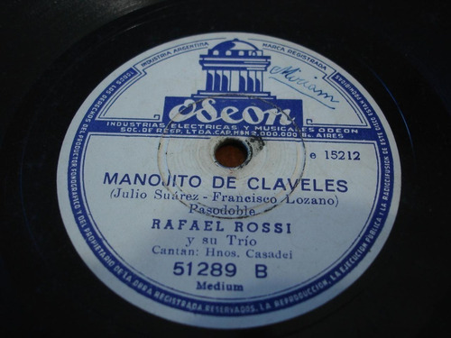Pasta Rafael Rossi Y Su Trio Casadel Odeon 15212 15213 C10