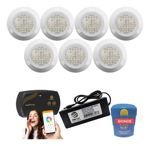 Kit Led Piscina 140m² - 7 Leds 9w, Smart Lux + Fonte