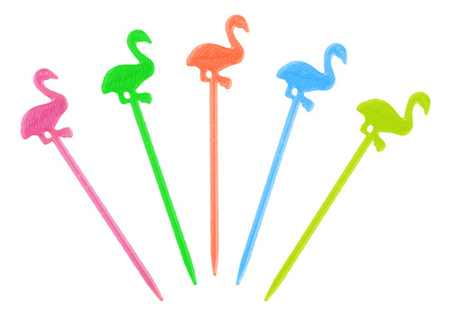 300 Palillos Para Fruta, Lunch, Bocadillos O Decoración. Material De Plástico Desechable Con Figura De Flamingo. Distintos Colores Neón.