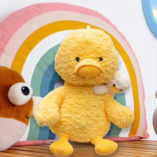Pato De Peluche Con Patito En Hombro Tierno Y Esponjoso Color Amarillo