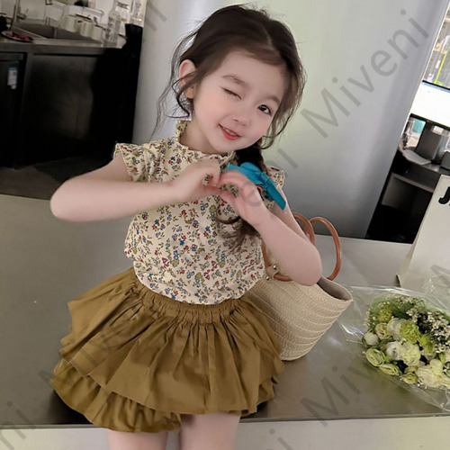 2 Piezas Conjunto Niña Top Estampado Y Falda Corta