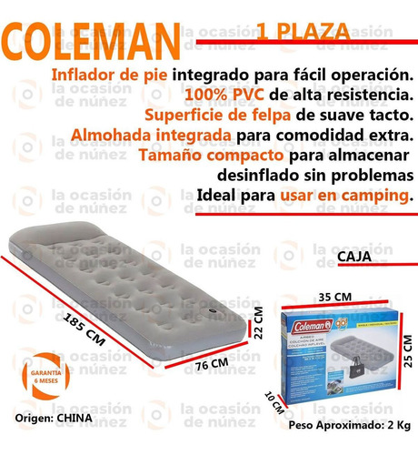 Imagen 2 de 7 de Colchon Inflable 1 Plaza Coleman Go Single Inflador De Pie