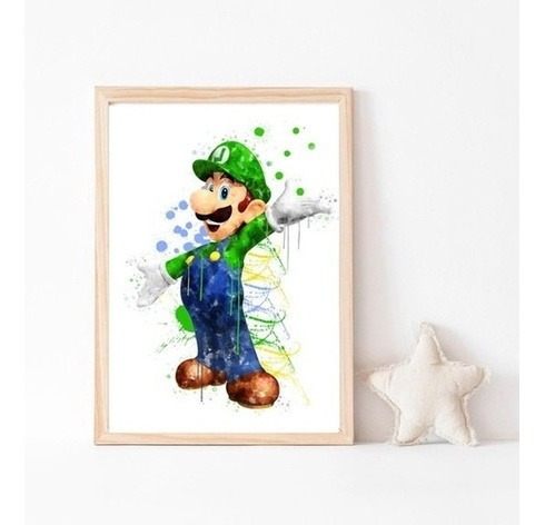 Quadro Mario Infantil 33x23 Nintendo Luigi Aquarela