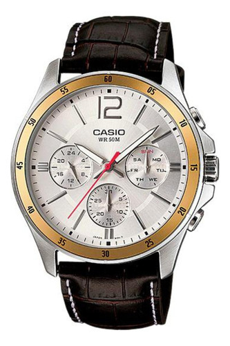 Relógio masculino Casio MTP-1374l-7AV Cor da pulseira: marrom, cor do bisel, prata/dourado, cor de fundo, prata