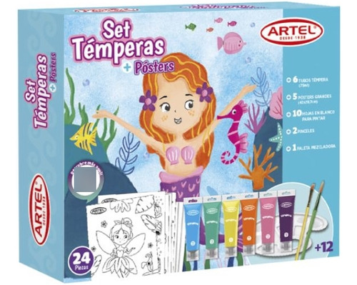 Kit Témperas Niños Artel Sirena + Pinceles Y Láminas 24 Pzas
