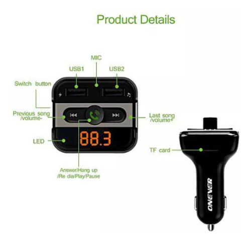 Transmisor Bluetooth Fm Con Cargador Usb Dual Bt20w Onever
