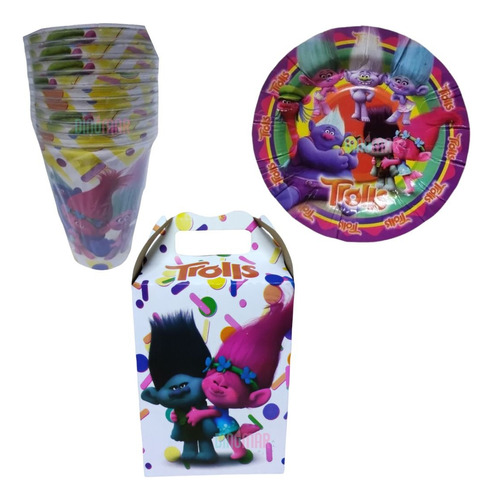 Trolls Kit Para 30 Vasos, Caja Dulcera Y 60 Platos Fiesta Du