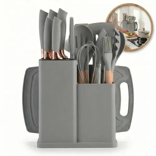 Kit De Utensílios De Cozinha 19 Peças Em Silicone Cinza Com Cabo  De Madeira Para Antiaderente  Shokki