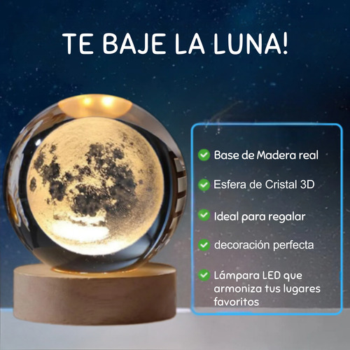 Esfera 3d Lampara De Cristal Led Luz De Noche Regalo Adorno Cristal Luna Mágica