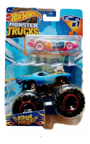 Hot Wheels Monster Trucks Rodger Dodger +carrito Escala 1:64