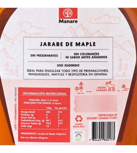 Jarabe De Maple 250 Ml / Endulzante Arbol De Arce / Manare