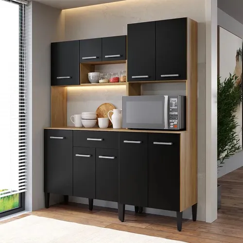 Armário De Cozinha Compacta Arizona Solid Carraro Preto Carvalho Com Preto