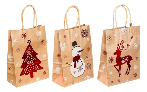 Bolsas De Regalo Papel Kraft Navidad Pack 12u Surtidas Color