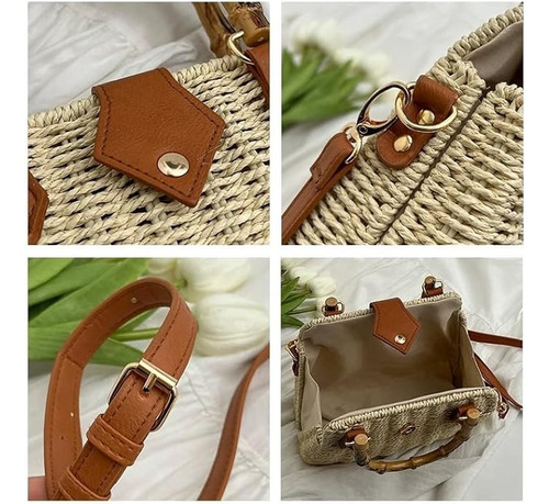 Bolso De Mano De Paja Tejida Con Asa De BambĂș, Correa Cruzad