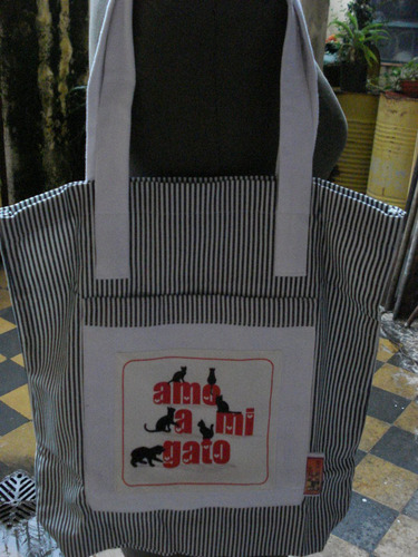 Bolsa De Algodon Estampada Con Bolsillo Amo A Mi Gato