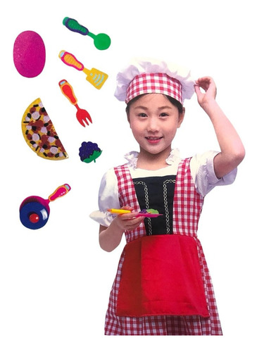 1 Disfraz De Chef Color Blanco Con Rojo, Incluye Juguetes De Cocina, Para Niñas De 3 A 8 Años