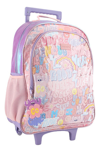 Mochila Escolar Trendy Con Ruedas Carro Nena Estampada Color Pink - 27687 Diseño de la tela Palabras