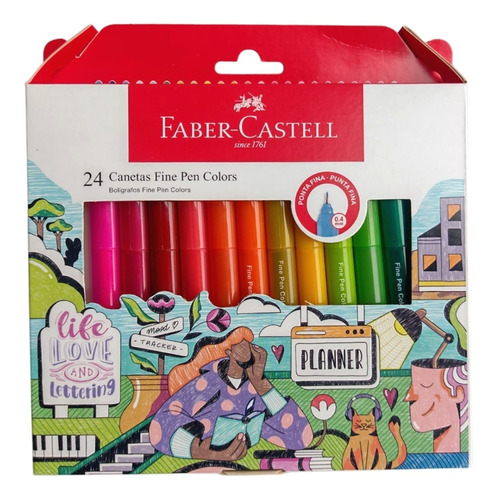 Caneta Fine Pen Ponta Porosa Faber Castell Kit Com 24 Cores