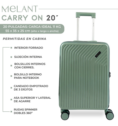 Valija Carry On Cabina Avion Equipaje De Mano 20 Rígida 8032 Verde