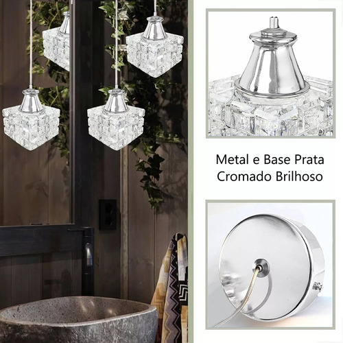Kit 2 Pendente Cristal Metal Prata Polido Banheiro Bet43 + Led