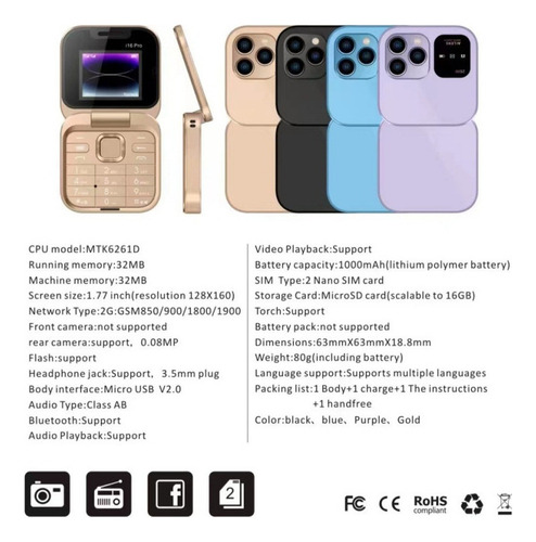 . Teléfono Móvil 2g Con Tapa No Inteligente I16 Pro Dual Sim