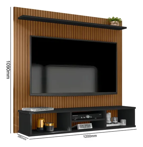 Painel de TV IME Móveis Roma para TVs de até 50 Polegadas com Nichos e Acabamento Ripado 3D Preto