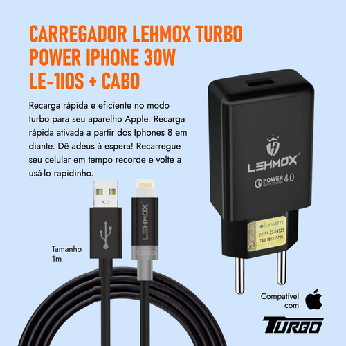 Carregador Turbo Parede Usb Ios 30w Compatível Com iPhone