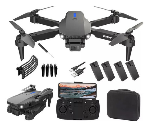 Mini dron de juguete con 2 cámaras y 4 baterías, color negro