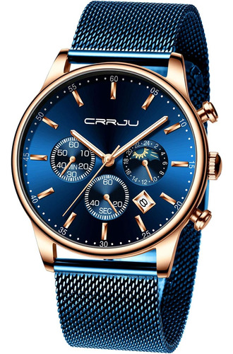 Crrju Relojes De Cuarzo Con Fecha Azul Para Hombre, Reloj Cr