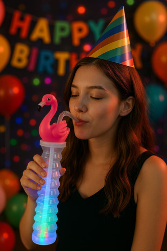 15 Vasos Yarda Flamingo Con Led Luminoso Fiesta Cumpleaños Trasnparente