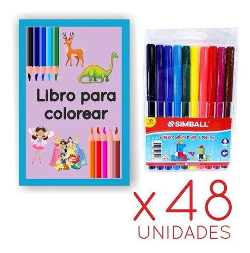 48 Kit Set Libro Colorear Dibujos Marcador Color Fibras