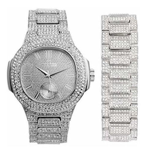 Reloj Para Hombre De Metal Con Caja Oblonga Bling-ed Out Con