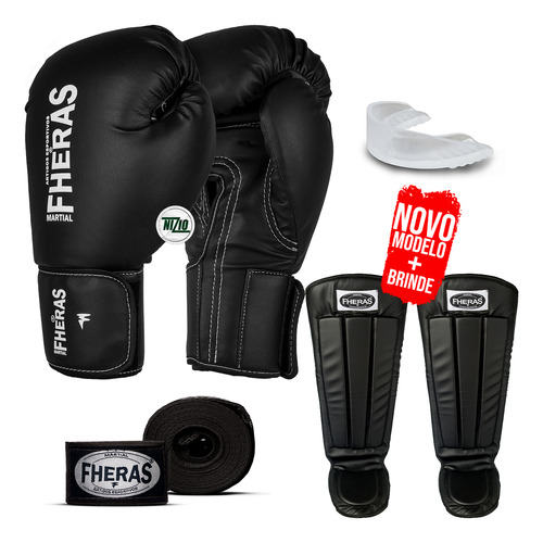 Kit Muay Thai Luva Bandagem Caneleira Top Bucal Preto 14oz