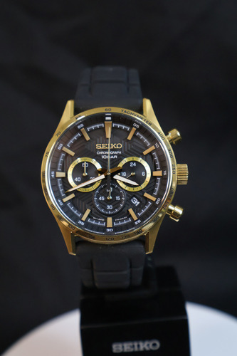 Relógio Seiko Cronógrafo Masculino Ssb446b1 P1px Correia Preto Bisel Dourado Fundo Preto