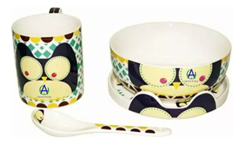 Juego De Servicio Búho Taza Tazón Plato Cubierto Porcelana