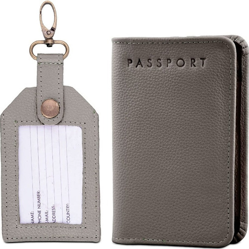 Porta Pasaporte + Tag De Maleta De Piel Tarjetero Color Inox