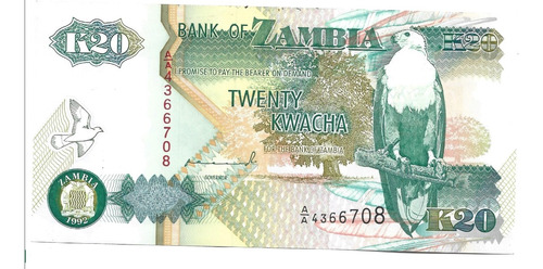 Liquido Billete De Zambia.  20 Kwachas 1992 Unc