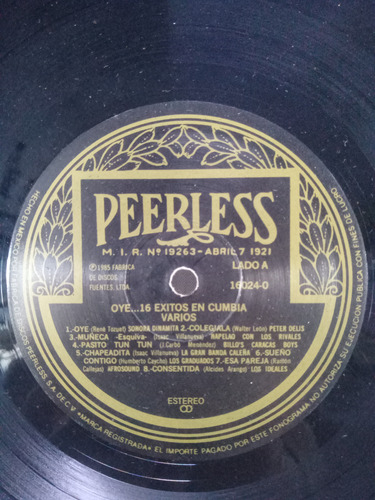 Lp Oye 16 Exitos En Cumbia Peerless 1985 Varios Artistas (Usado)