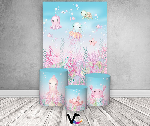 Panel vertical y trío de cubiertas - Lindo fondo marino de acuarela 03
